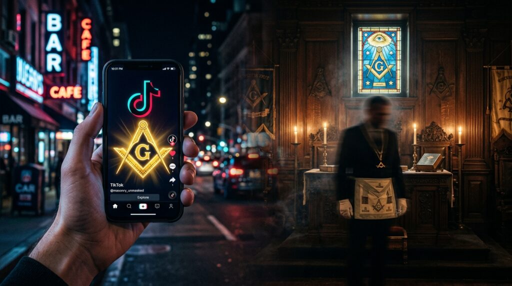 Freemasonry TikTok rebrand contrasting modern social media with traditional secret society lodge rituals